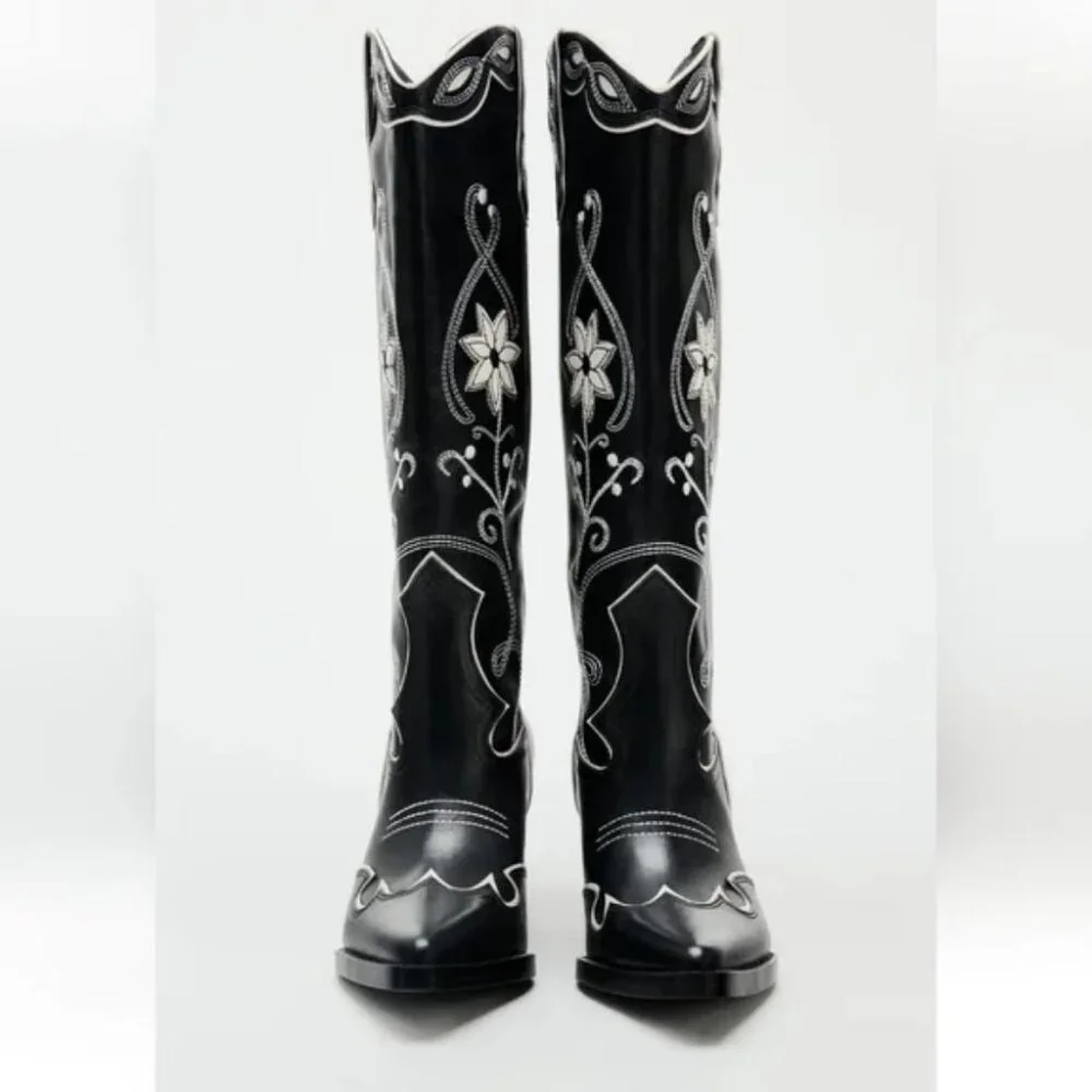ZARA HEELED FLORAL COWBOY BOOTS - Picture 1 of 7